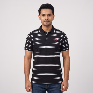 Men's Black Short-Sleeve Double Striped White Polo Shirt