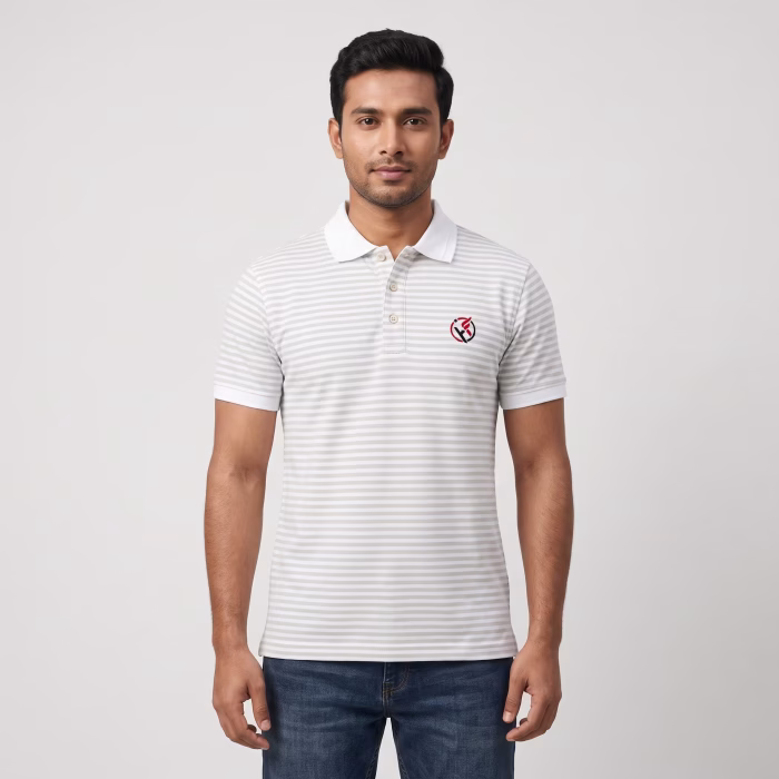 Men's White Short-Sleeve Grey Striped Polo Shirt Men's White Short-Sleeve Grey Striped Polo Shirt