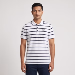Men's White Short-Sleeve Navy Blue Striped Polo Shirt