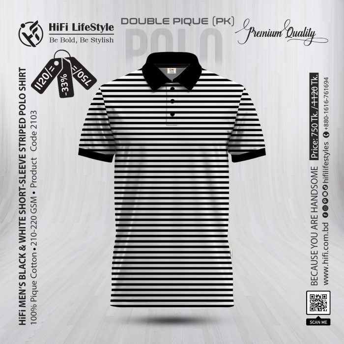 Men's Black & White Striped Short-Sleeve Polo Shirt
