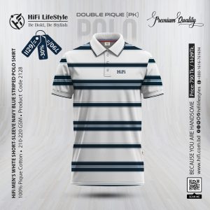 HiFi Men's White Short-Sleeve Navy Blue Striped Polo Shirt