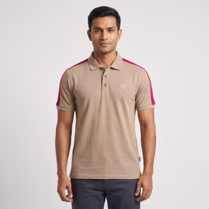 Men's Red Panel Short-Sleeve Mid Beige Polo Shirt