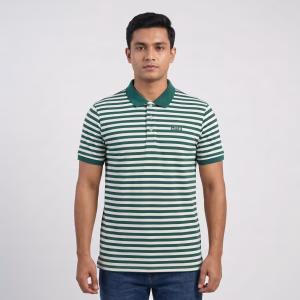 Men's White Short-Sleeve Forest Green Striped Polo Shirt