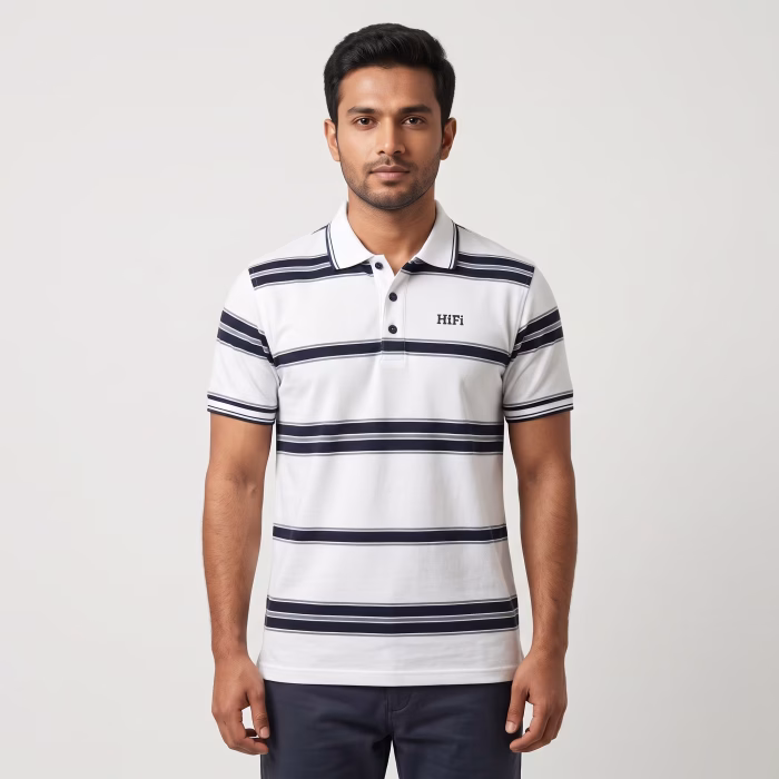 Men's White Short-Sleeve Navy Blue Striped Polo Shirt Men's White Short-Sleeve Navy Blue Striped Polo Shirt