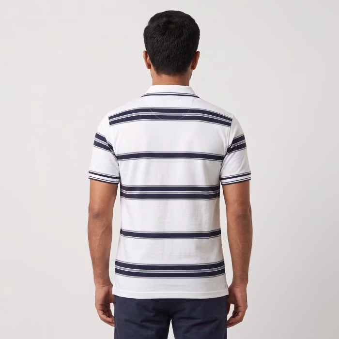 Men's White Short-Sleeve Navy Blue Striped Polo Shirt Men's White Short-Sleeve Navy Blue Striped Polo Shirt