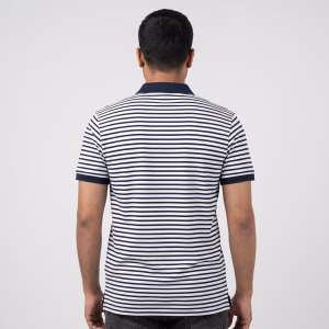 Men's White Short-Sleeve Navy Blue Striped Polo Shirt