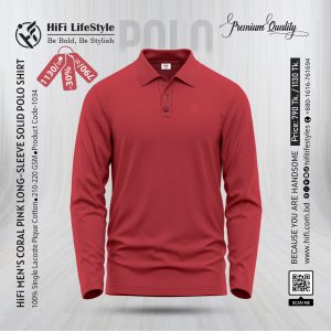 Men's Coral Pink Long-Sleeve Solid Polo Shirt